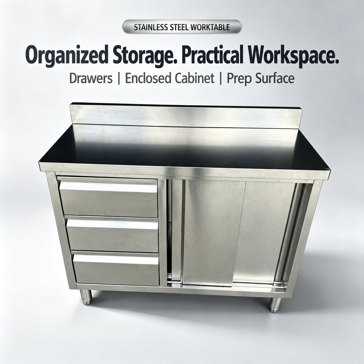Reference configuration: three-drawer stainless steel worktable with raised backsplash (AI-generated visual)