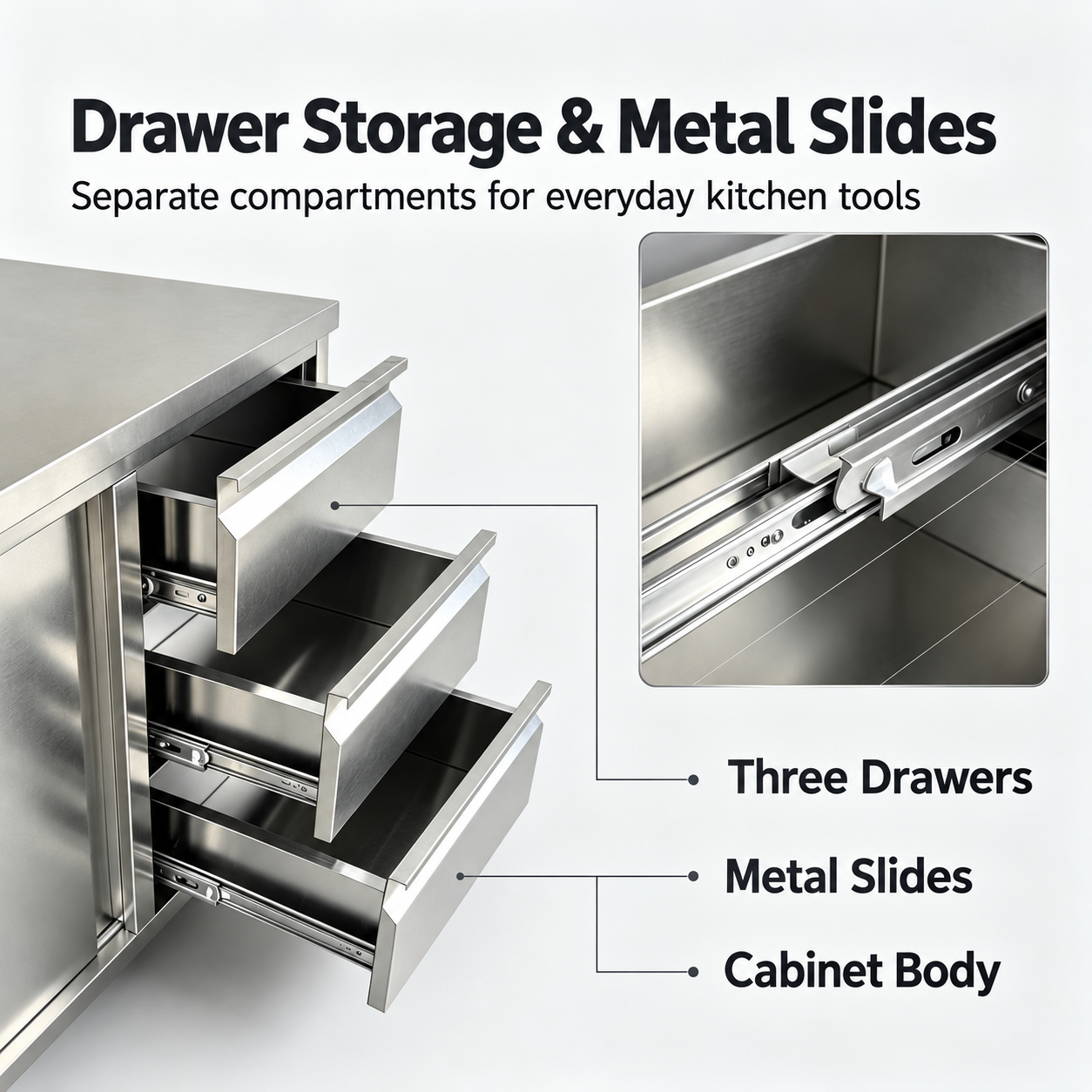 Reference configuration: drawer slides and three-compartment drawer detail (AI-generated visual)