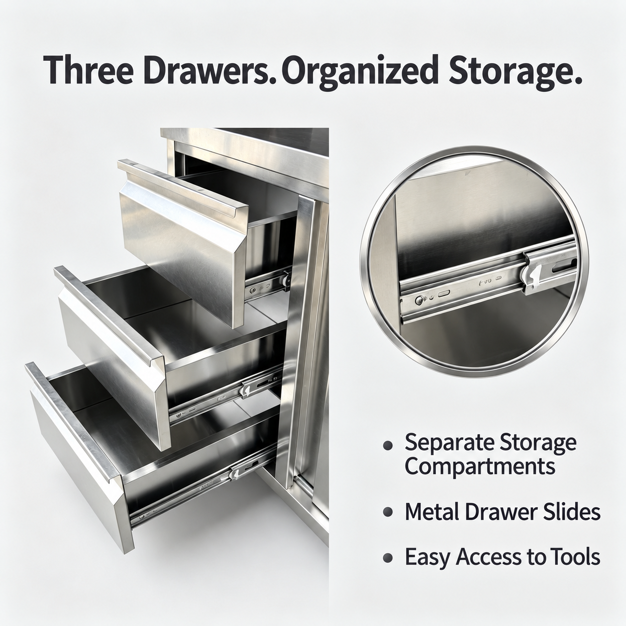 Reference configuration: staggered drawer opening detail of the worktable (AI-generated visual)