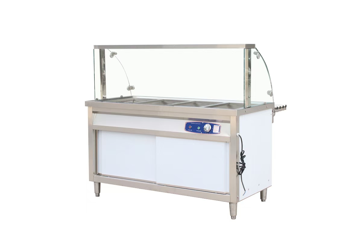 Reference configuration: stainless steel heated serving counter with arched glass guard